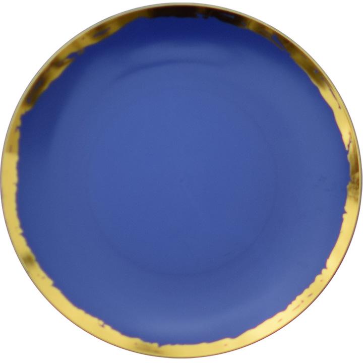 blue plastic plates with gold rim