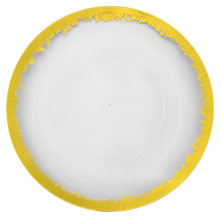white plastic plates with gold scratched rim
