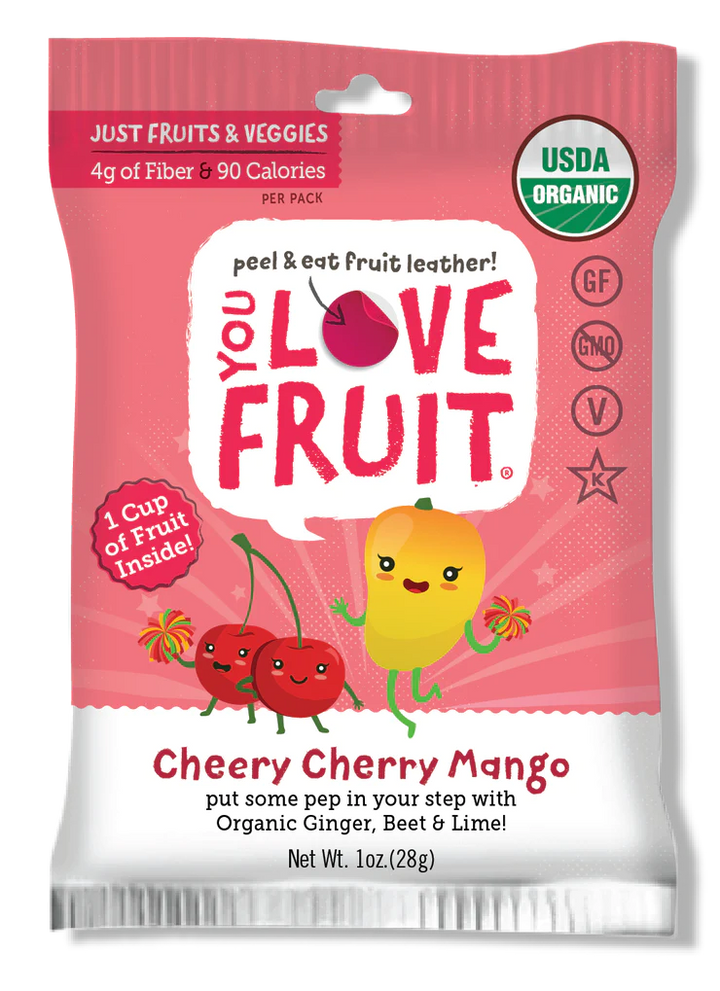 You Love Fruit Cherry Mango Fruit Leather 1 oz - Organic Vegan Snack Bursting with Antioxidants