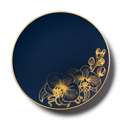 Decor Royal Blue & Gold Orchids Disposable Plates 10 pack- 10 inches