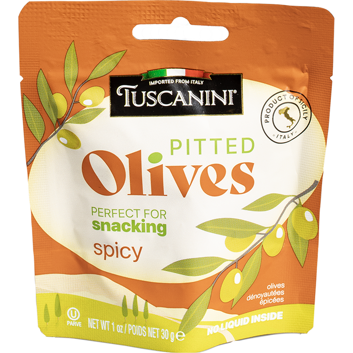 Tuscanini Pitted Olives with Garlic Flavour, Italian, 30g Pouch