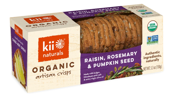 Kii Naturals Organic Raisin Rosemary Pumpkin Seed Artisan Crisps 150g- Non GMO - 0 trans fat