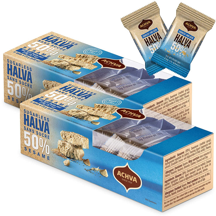 Achva Sugarless Halva Snacks Gift Box - Individually Wrapped, Cholesterol-Free, Good Source of Protein
