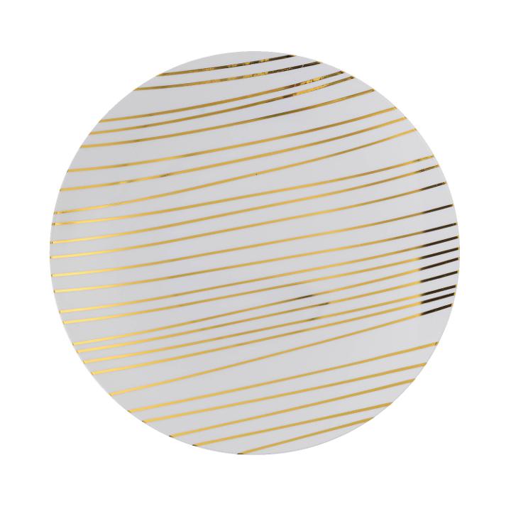 white plastic plates with gold stripes