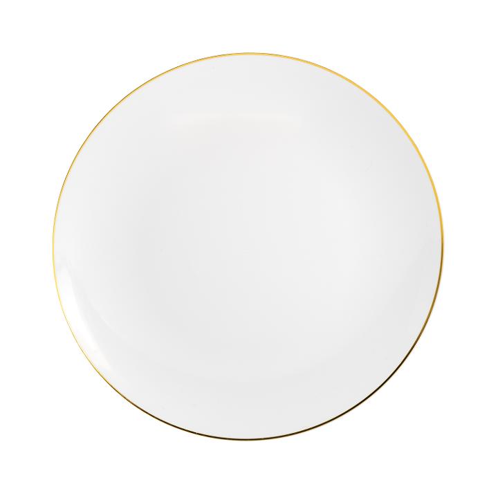 white plastic plates with gold rim