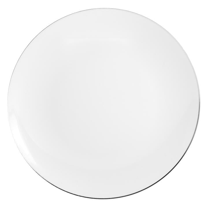 white plastic plates with silver rim