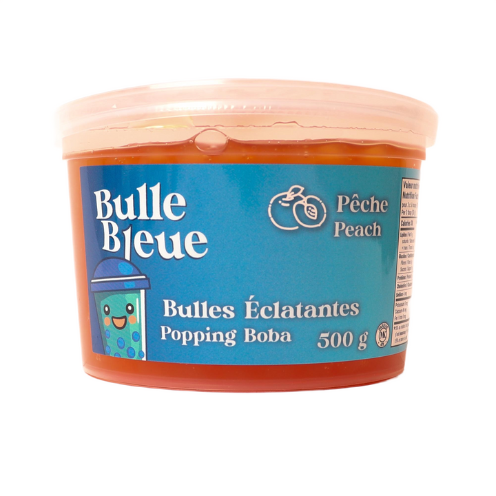 Bulle Bleue Peach Popping Boba, 500g Container, Made with Natural Peach Flavour and Fruit Puree, Refrigerate After Opening
