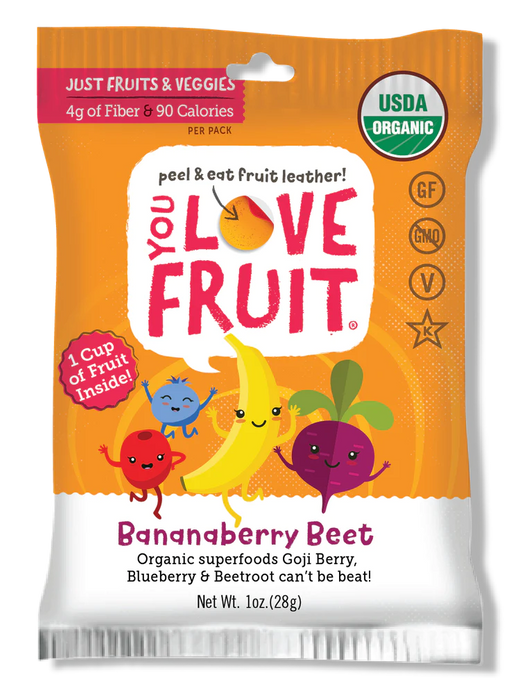 You Love Fruit Banana Berry Beet Leather 1 oz - Antioxidant-Rich Organic Snacking