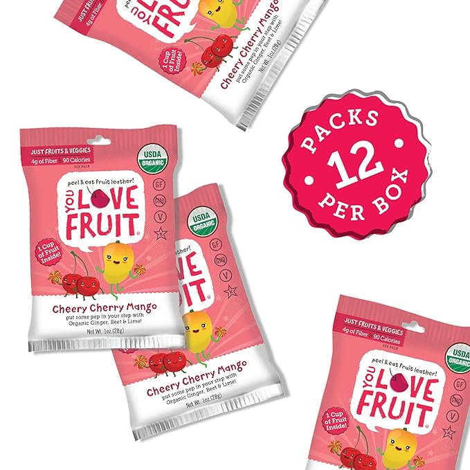 You Love Fruit Cherry Mango Fruit Leather 1 oz - Organic Vegan Snack Bursting with Antioxidants