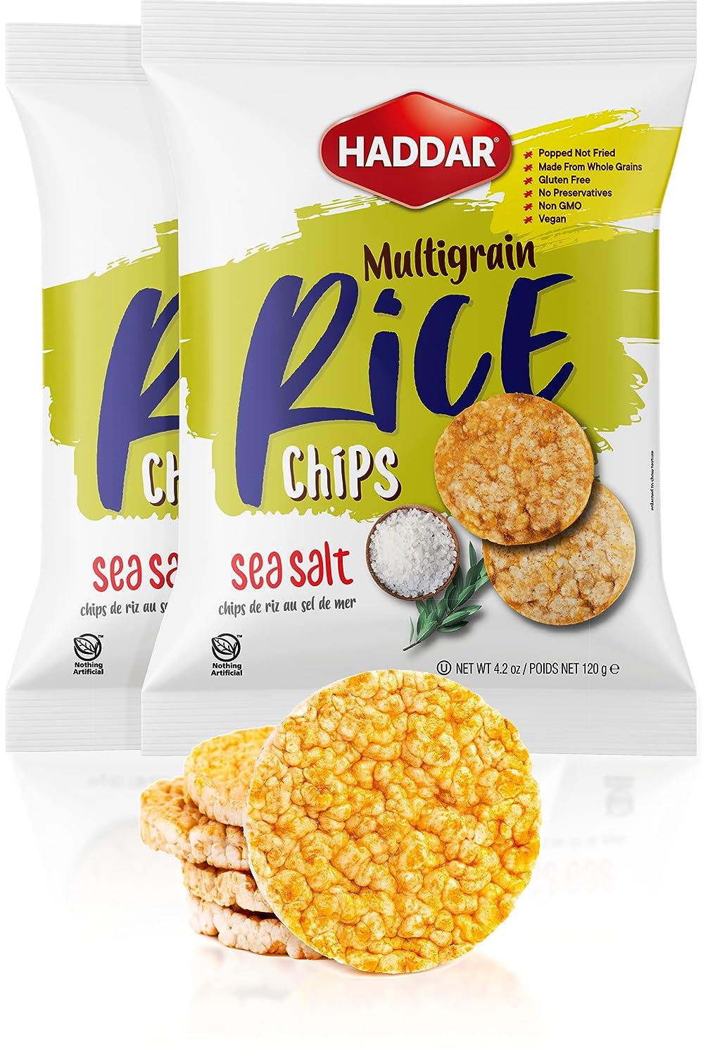 Haddar Chips de riz multigrains au sel de mer 120 g - Sans gluten - Faible en gras - Sans OGM