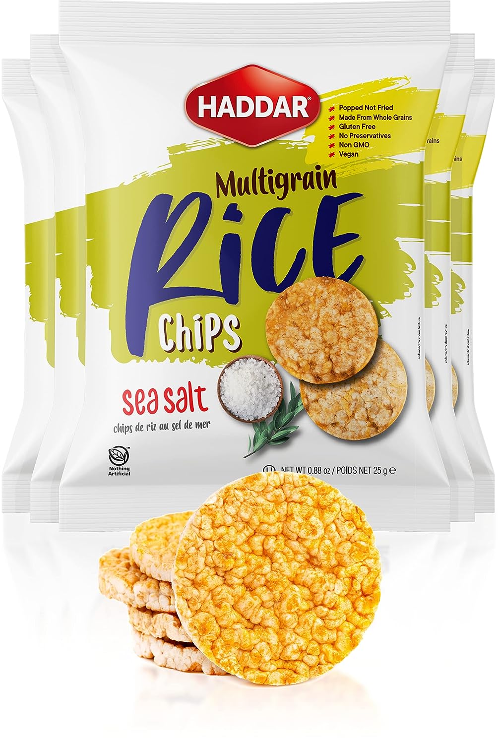 Haddar Chips de riz multigrains au sel de mer 25 g - Sans gluten - Faible en gras - Sans OGM
