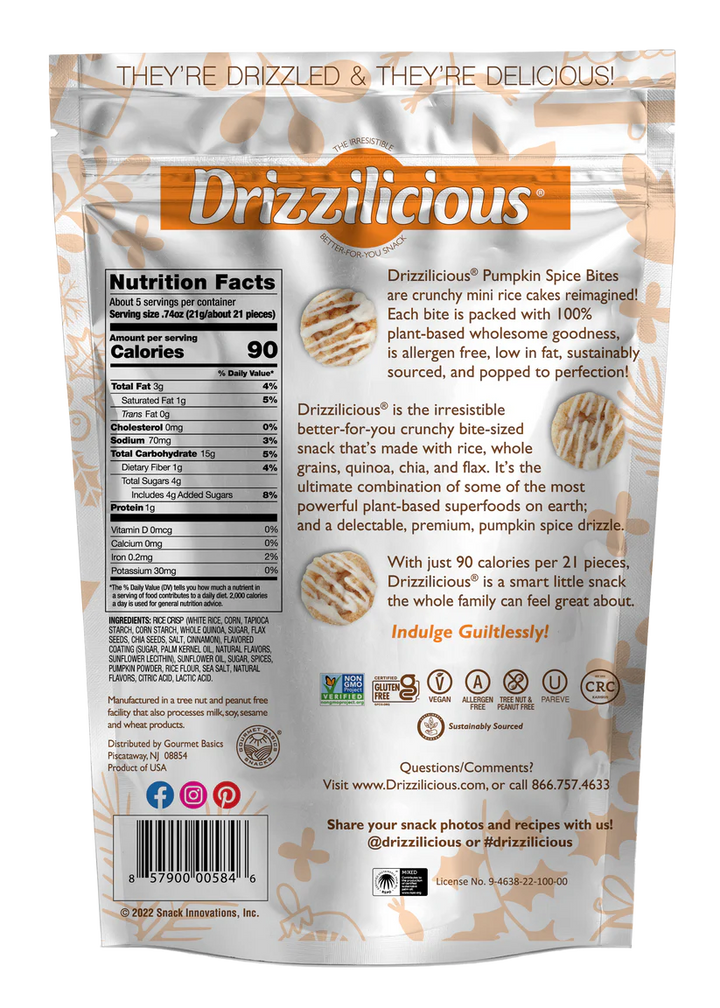 Drizzilicious Pumpkin Spice Bites - 113g Mini Rice Cakes with Pumpkin Spice - Vegan and All-Natural Snack