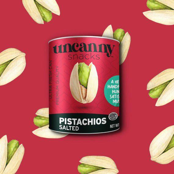 Uncanny Snacks Salted Pistachios - 50g Can | Sustainably Irresistible