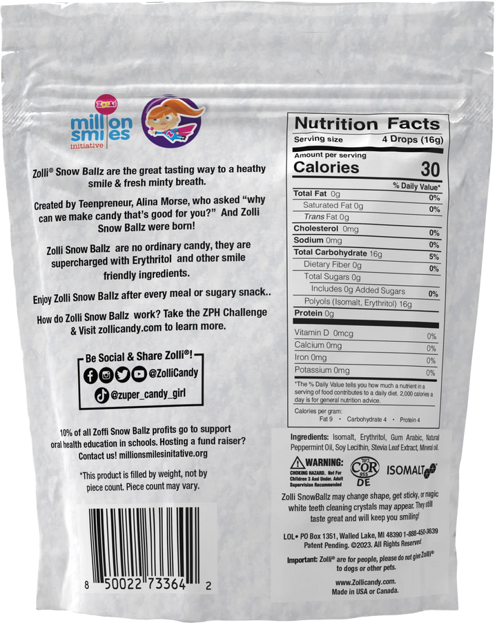 Zolli Snow Ballz - Peppermint Bliss (3 oz) | Keto, Sugar-Free, Vegan Candy