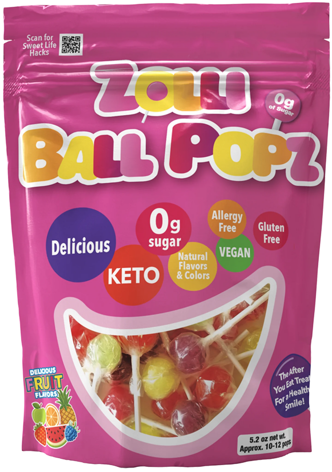 Zolli Ballz Pops Assorted Fruits - Flavorful Medley (5.2 oz) | Keto-Friendly, Sugar-Free, Natural Flavors, Allergy-Free, Gluten-Free, Vegan