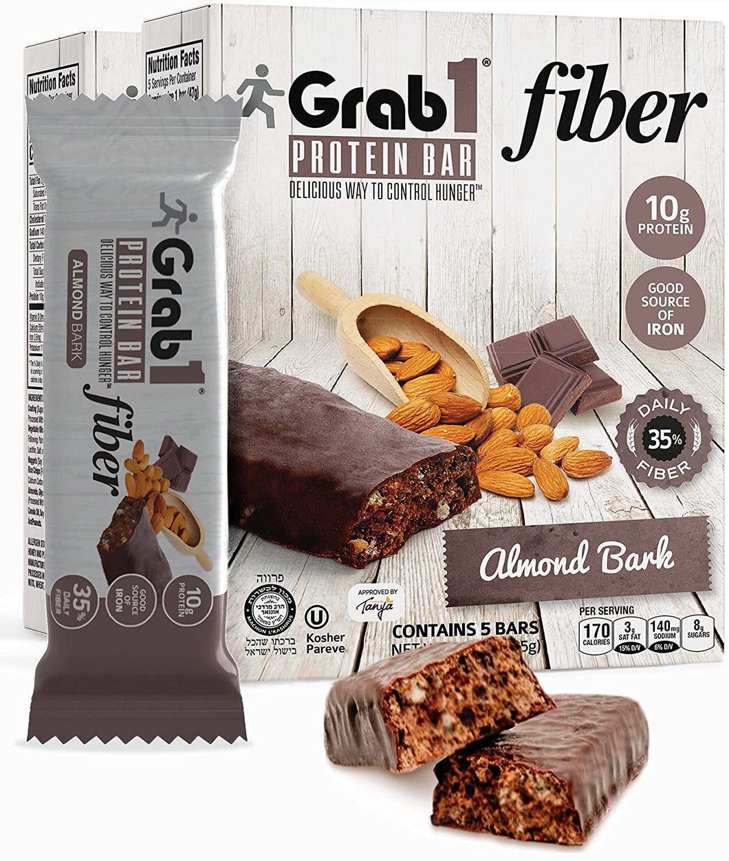 Grab1, Protein Bar Fiber, Almond Bark, 5 bars