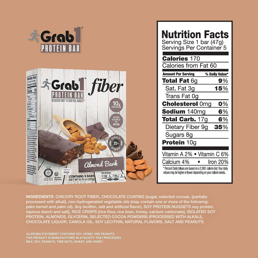 Grab1, Protein Bar Fiber, Almond Bark, 5 bars