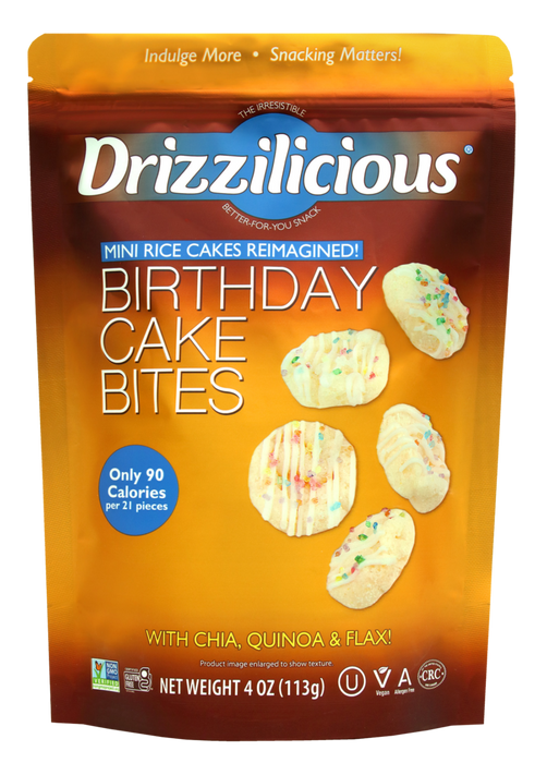Drizzilicious Birthday Cake Bites - 113g Mini Rice Cakes with Chocolate Drizzle and Sprinkles - Vegan and All-Natural Snack