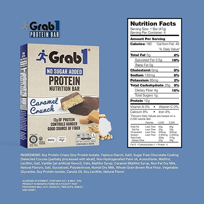 Grab1, Protein Bar, Caramel Crunch No Sugar Added, 4 bars