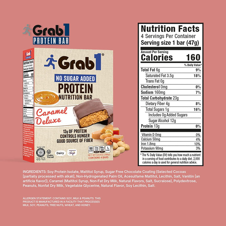 Grab1, Barre protéinée, Caramel Deluxe, Sans sucre ajouté, 4 barres 