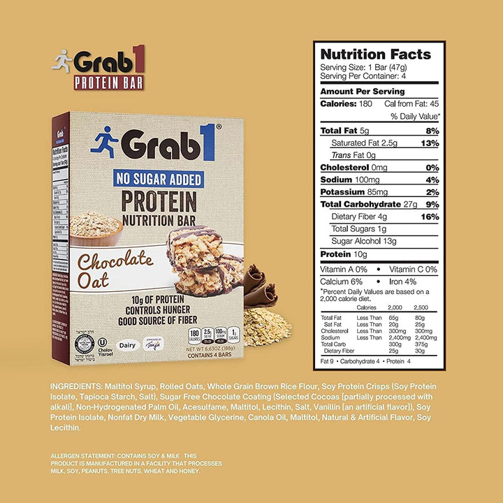 Grab1, Barre Protéinée, Chocolat Avoine Sans Sucre Ajouté, 4 barres 