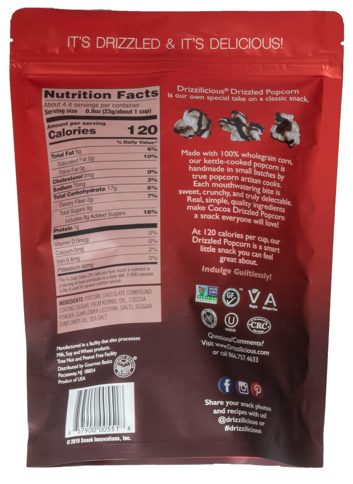 Drizzilicious Cocoa Drizzled Popcorn 102g Single Pack | Chocolatey Drizzled Popcorn Drizzilicious Cocoa Drizzled Popcorn 102g Single Pack | Chocolatey Drizzled Popcorn | Kettle Cooked Popcorn | Light Airy & Delicious - Kosher Certified