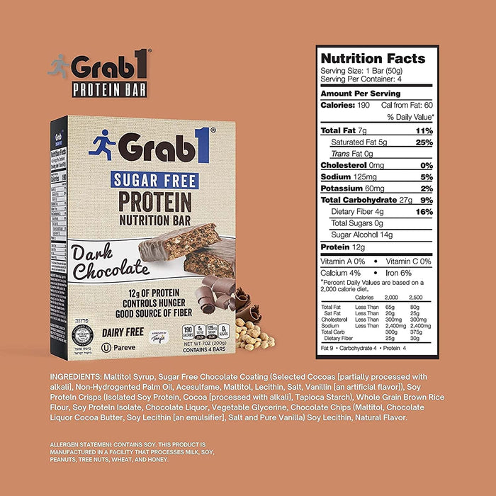 Grab1, Protein Bar Sugar Free, Dark Chocolate, 4 bars
