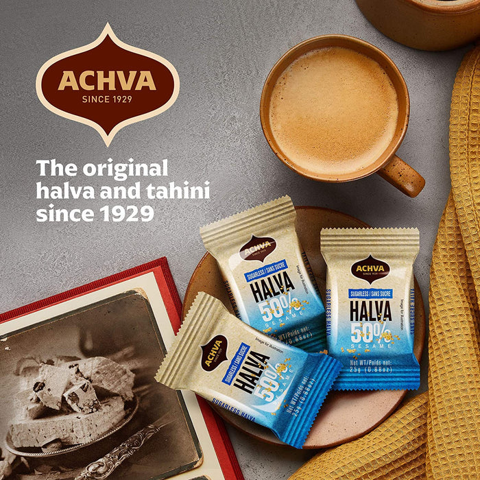Achva Sugarless Halva Snacks Gift Box - Individually Wrapped, Cholesterol-Free, Good Source of Protein