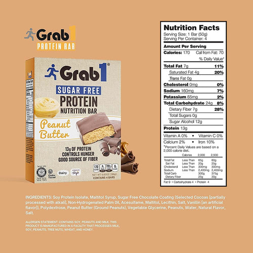 Grab1, Barre protéinée sans sucre, beurre de cacahuète, 4 barres 