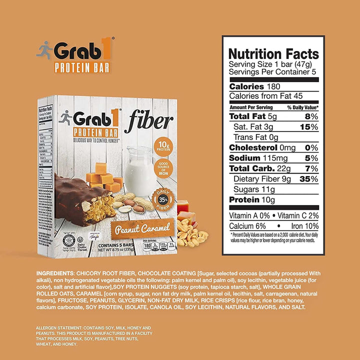 Grab1, Protein Bar Fiber, Peanut Caramel, 5 bars